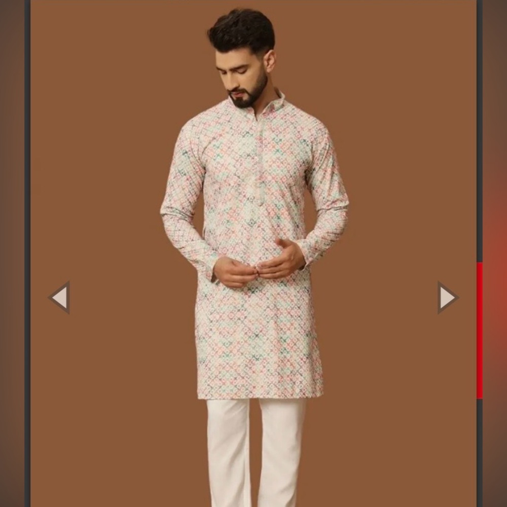 Men's Printed Kurta and pant set in Light Pink and White